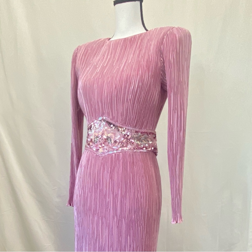 NUIT Vintage 1980s Pink Mauve Micro Pleated Dress Beaded Embellished Waist sz 8 - Picture 8 of 17